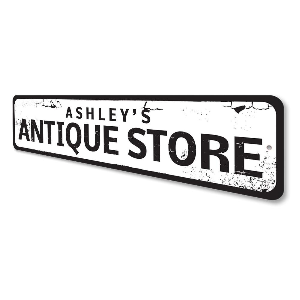 Antique Store Sign made of high-quality aluminum, featuring customizable text and pre-drilled holes for easy mounting.