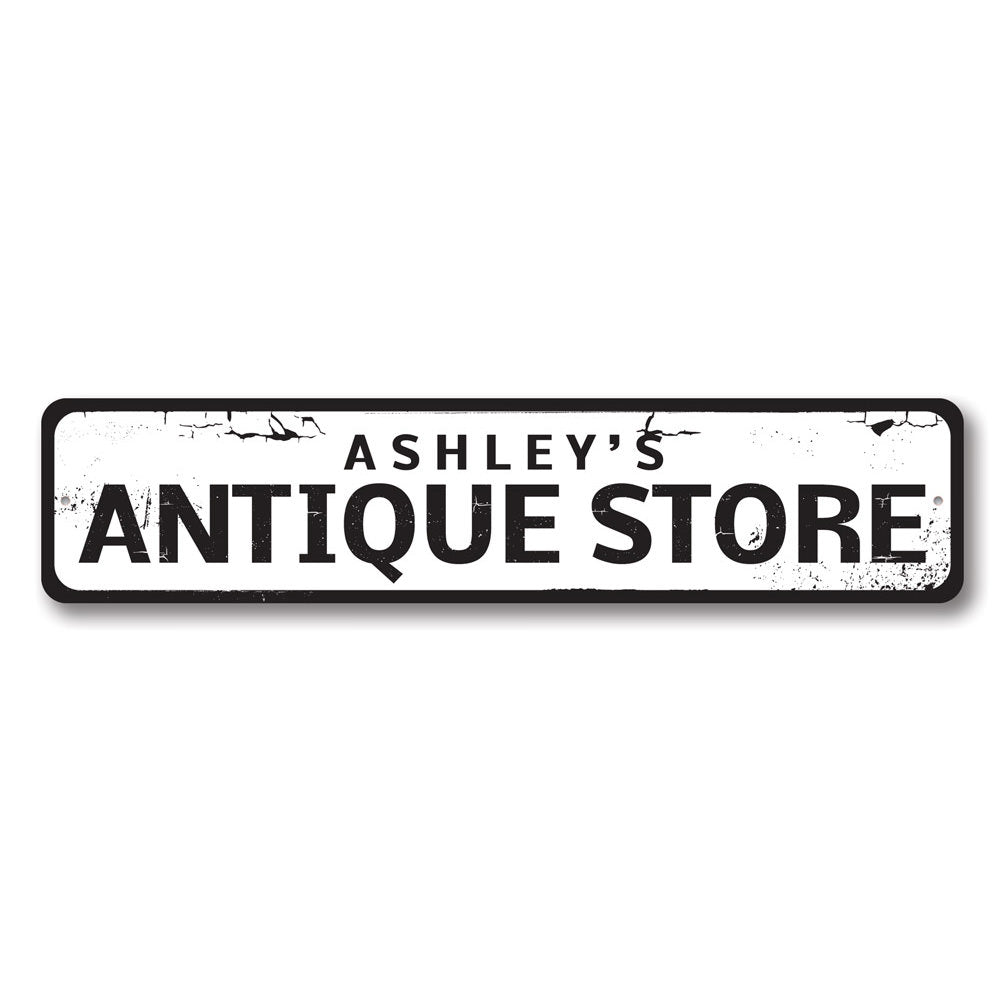 Antique Store Sign made of high-quality aluminum, featuring customizable text and pre-drilled holes for easy mounting.