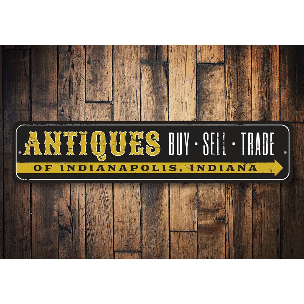 Antique Trade Sign made of high-quality aluminum, featuring customizable text and pre-drilled holes for easy mounting.