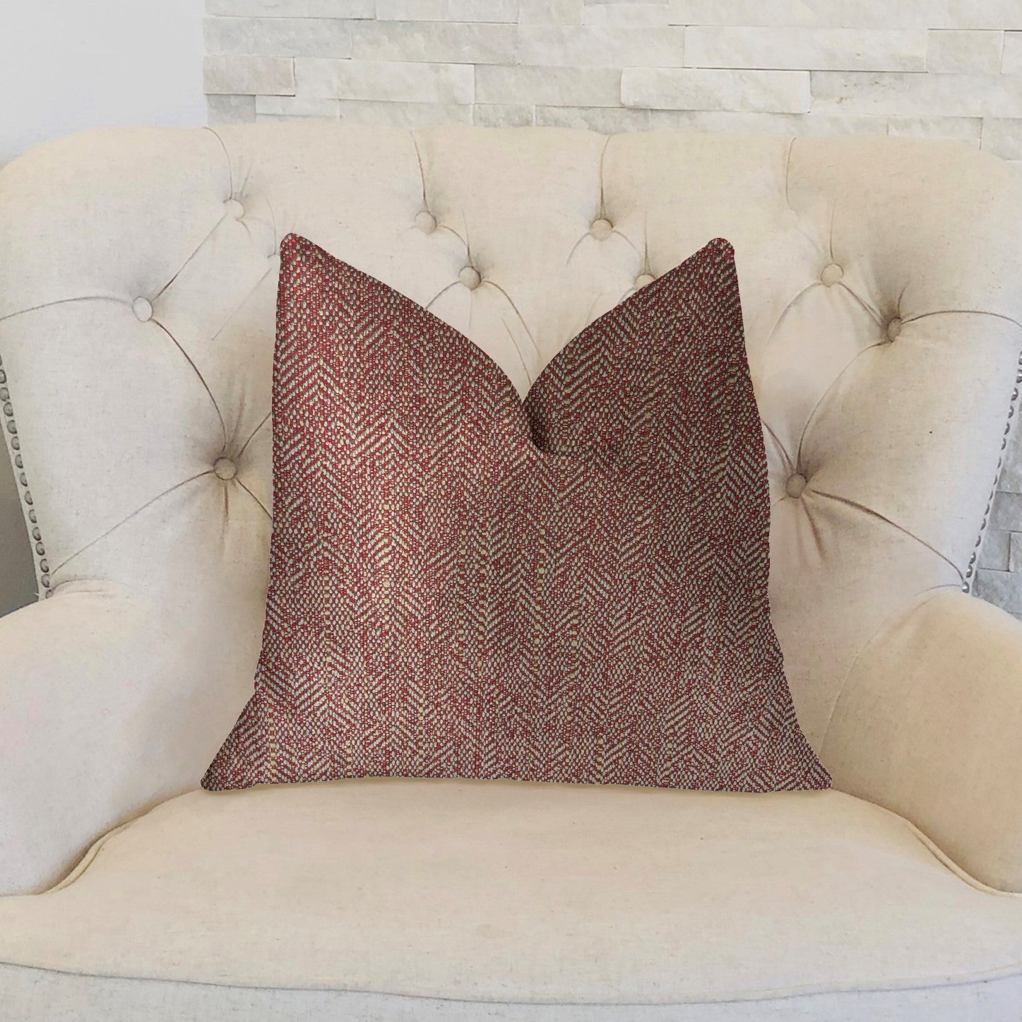 Antoinette Red and Gold Luxury Throw Pillow featuring a textured pattern, double-sided design, and invisible zipper, perfect for home decor.