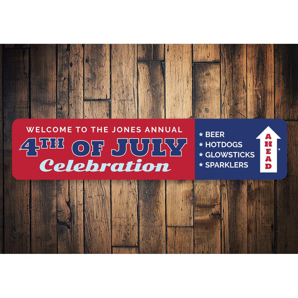 A vibrant Annual 4th of July Celebration Sign made from high-quality aluminum, featuring festive colors and customizable text options.