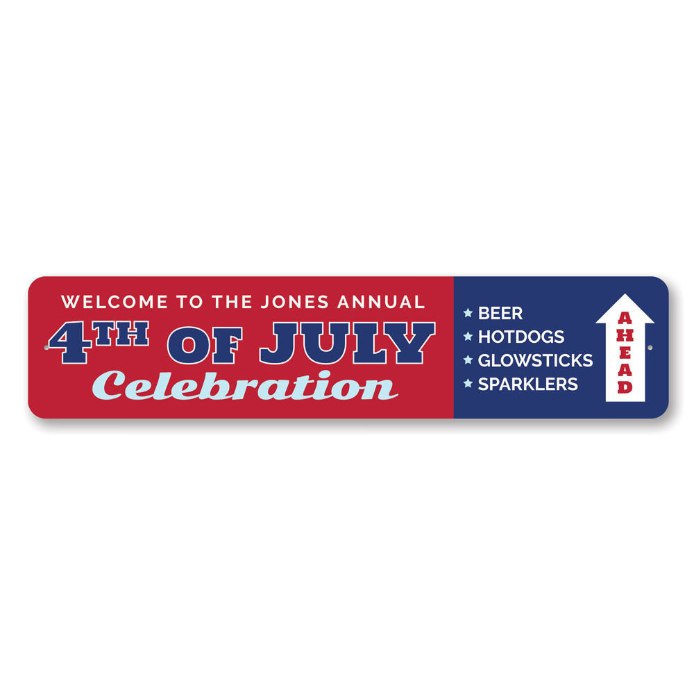 A vibrant Annual 4th of July Celebration Sign made from high-quality aluminum, featuring festive colors and customizable text options.