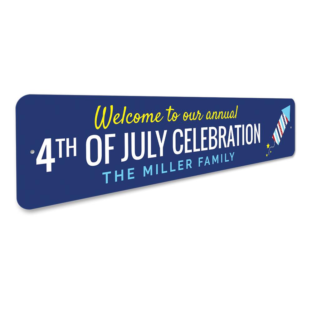 A vibrant Annual 4th of July Welcome Sign made of aluminum, featuring patriotic colors and customizable text, perfect for home decor.