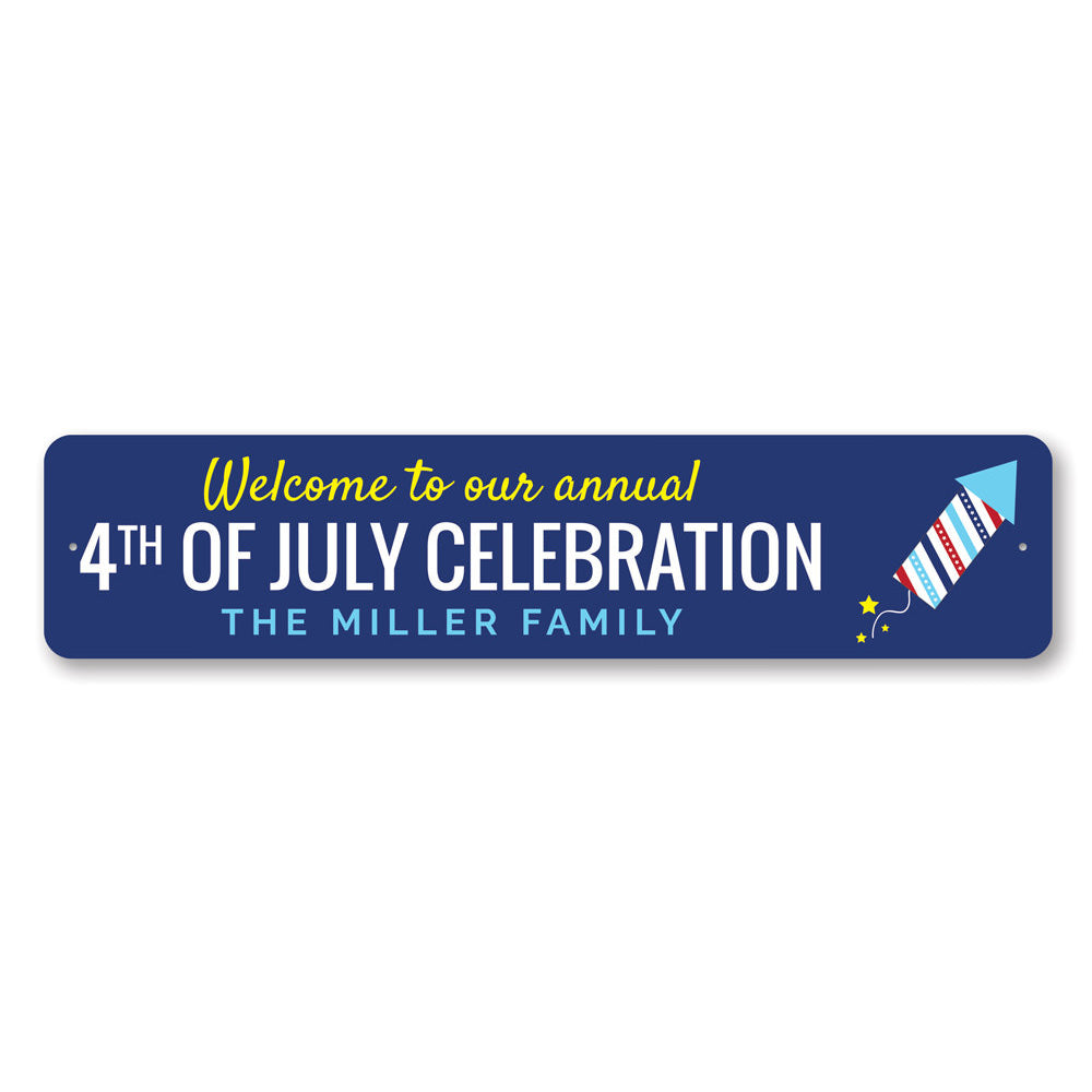 A vibrant Annual 4th of July Welcome Sign made of aluminum, featuring patriotic colors and customizable text, perfect for home decor.