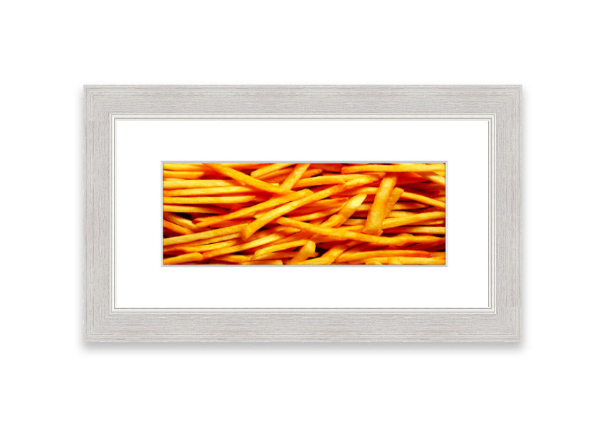 Framed print titled 'Any One For Chips' featuring a charming Cornwall theme, available in various frame colors.