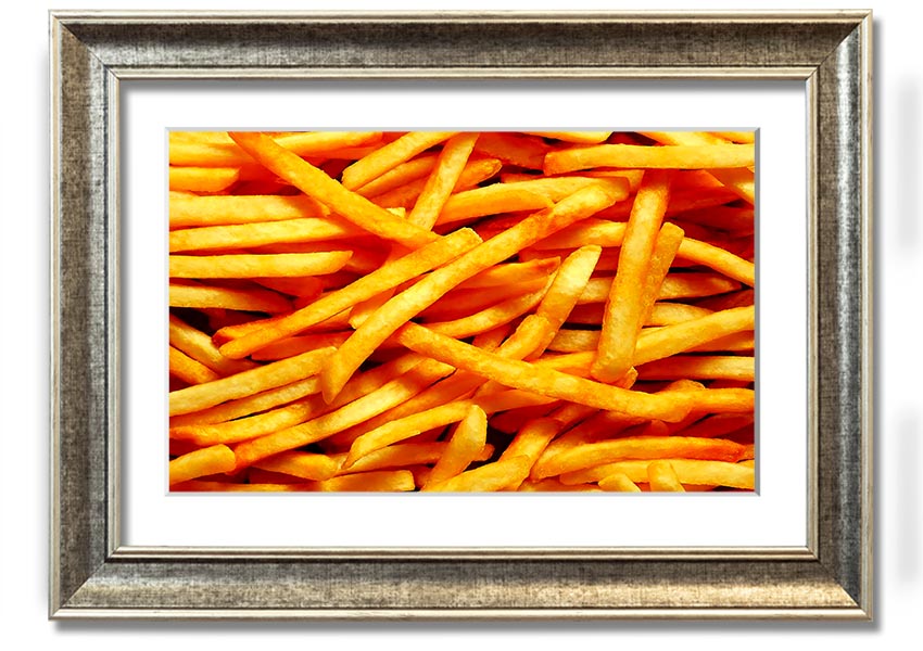 A framed print titled 'Any One For Chips', showcasing vibrant colors and a playful design, available in various frame colors.