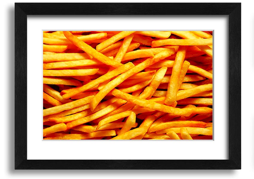 A framed print titled 'Any One For Chips', showcasing vibrant colors and a playful design, available in various frame colors.