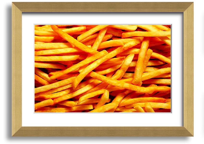 A framed print titled 'Any One For Chips', showcasing vibrant colors and a playful design, available in various frame colors.