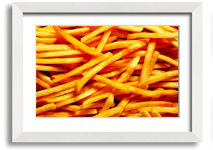 A framed print titled 'Any One For Chips', showcasing vibrant colors and a playful design, available in various frame colors.