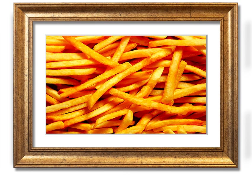 A framed print titled 'Any One For Chips', showcasing vibrant colors and a playful design, available in various frame colors.