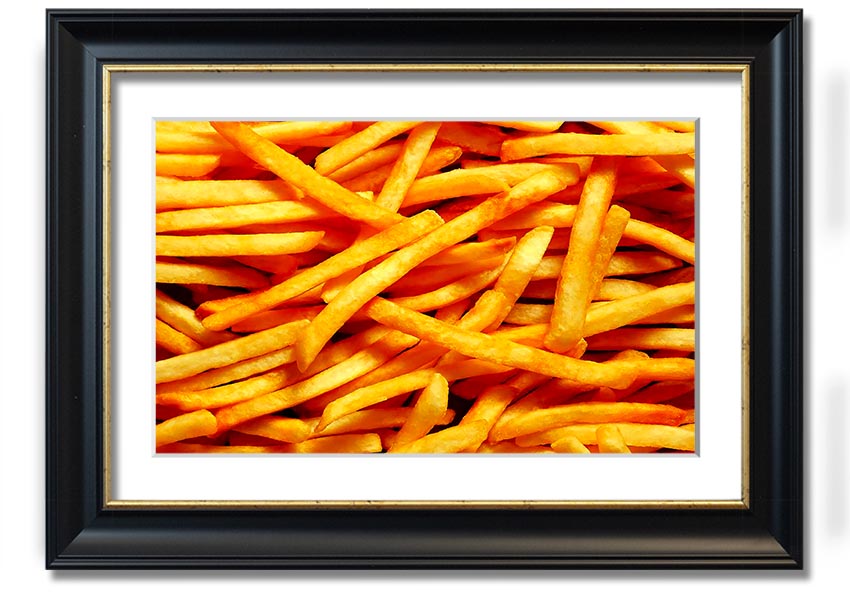 A framed print titled 'Any One For Chips', showcasing vibrant colors and a playful design, available in various frame colors.