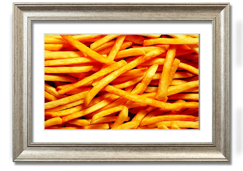 A framed print titled 'Any One For Chips', showcasing vibrant colors and a playful design, available in various frame colors.