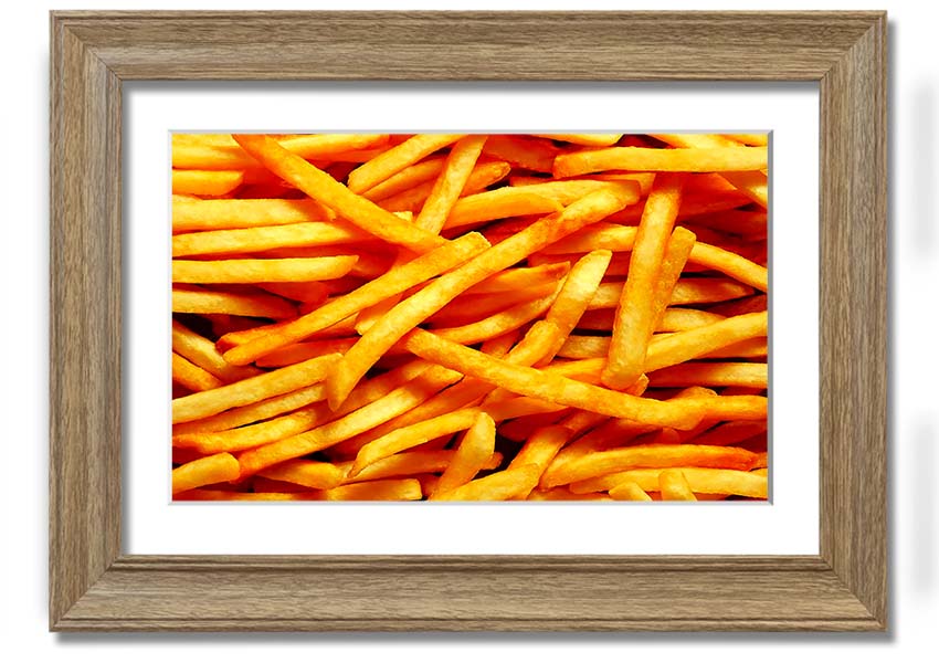 A framed print titled 'Any One For Chips', showcasing vibrant colors and a playful design, available in various frame colors.