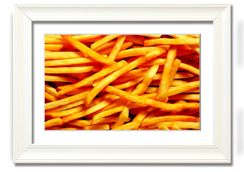 A framed print titled 'Any One For Chips', showcasing vibrant colors and a playful design, available in various frame colors.