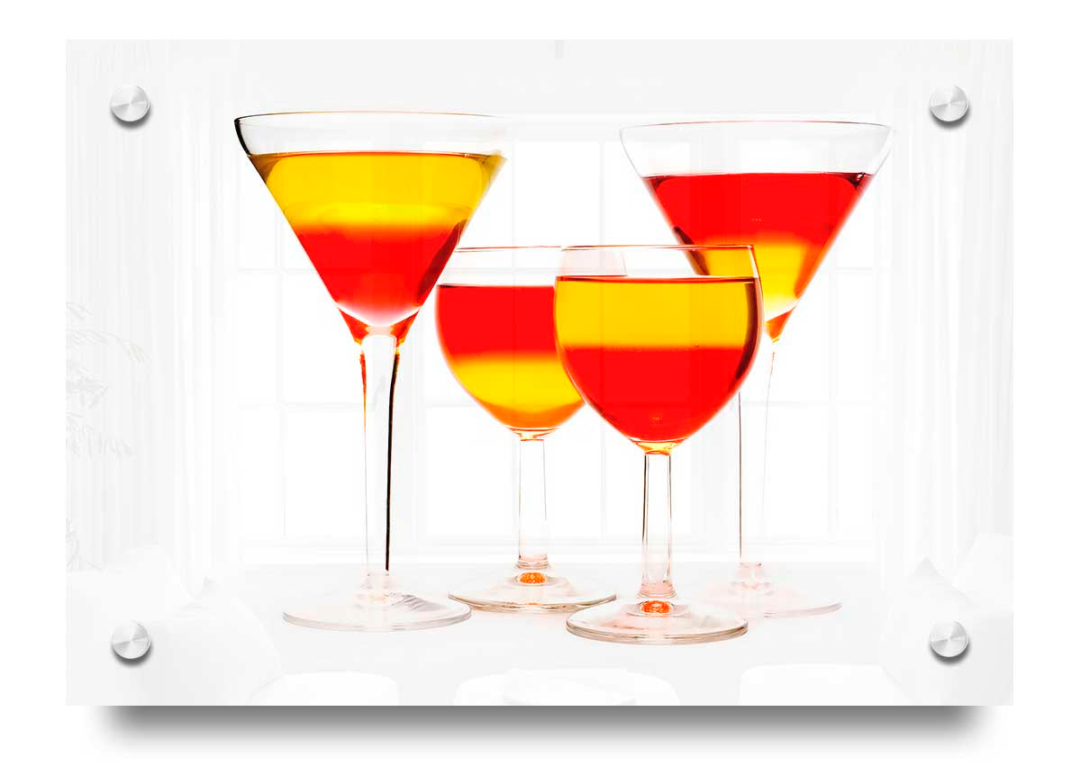 Vibrant acrylic print titled 'Anyone For Cocktails' showcasing colorful cocktail imagery on 5mm thick acrylic glass.