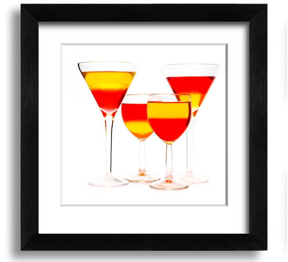 Square framed print featuring mixed cocktails, handmade in the UK, available in various frame colors.