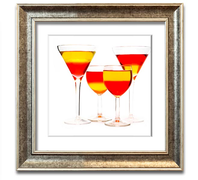 Square framed print featuring mixed cocktails, handmade in the UK, available in various frame colors.