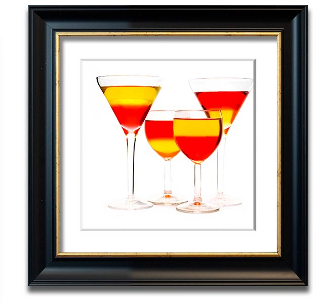 Square framed print featuring mixed cocktails, handmade in the UK, available in various frame colors.