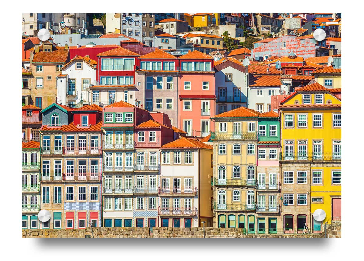 A vibrant acrylic print of coastal apartments, showcasing stunning colors and details, perfect for wall decor.