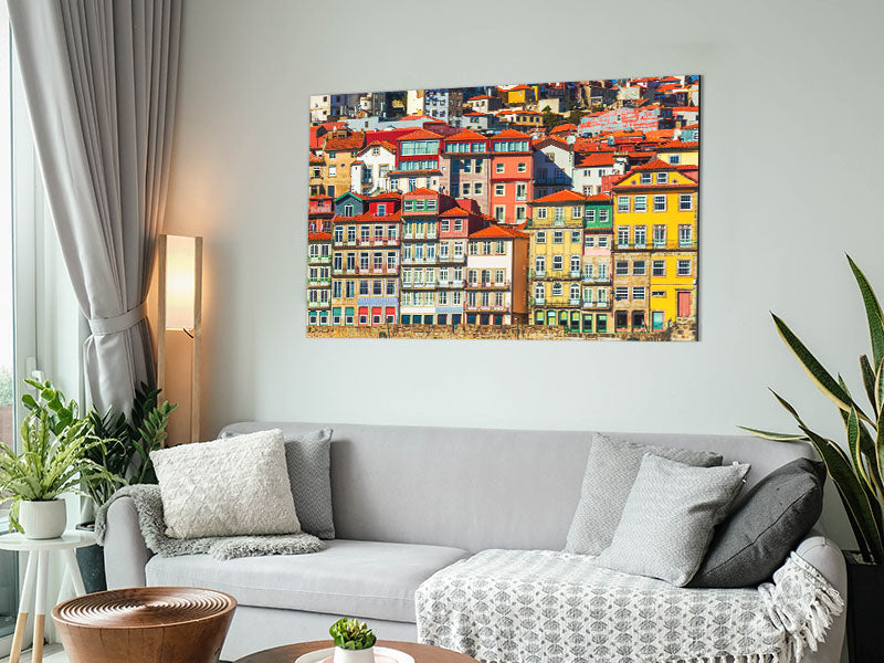 A modern artwork titled 'Apartments On The Coast' printed on brushed aluminium dibond, showcasing vibrant coastal imagery.