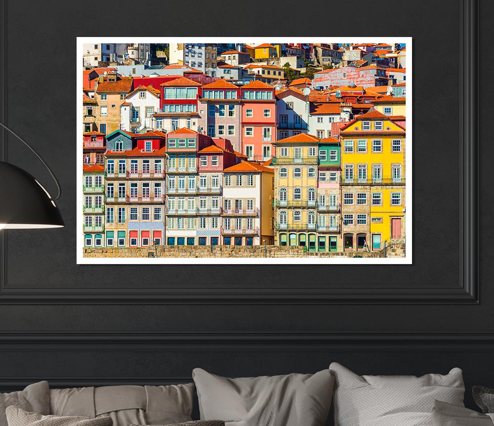 A beautiful canvas poster featuring coastal apartments, showcasing vibrant colors and serene imagery, perfect for home decor.