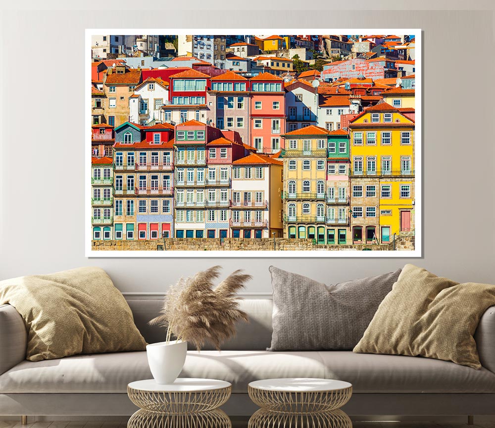 A beautiful canvas poster featuring coastal apartments, showcasing vibrant colors and serene imagery, perfect for home decor.