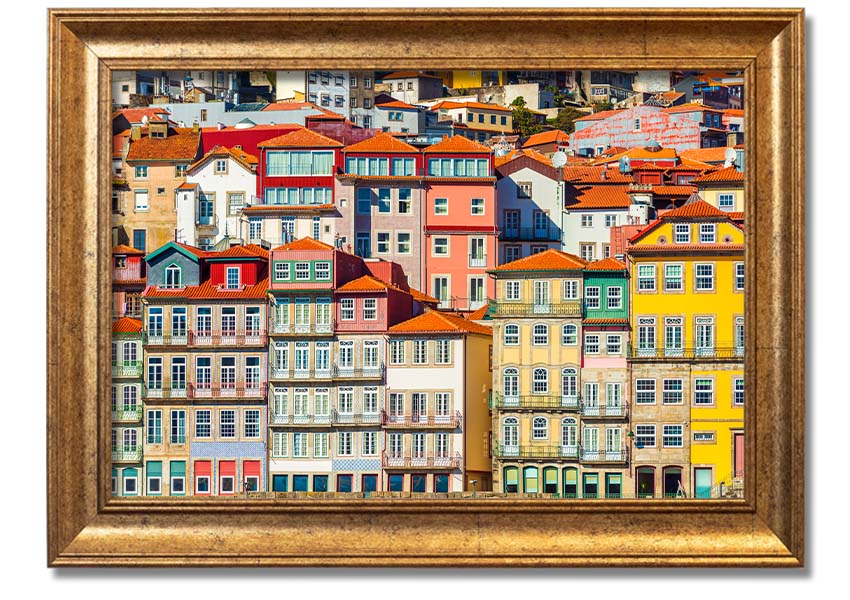 A beautifully framed print of coastal apartments, showcasing vibrant colors and intricate details, ready to hang on the wall.