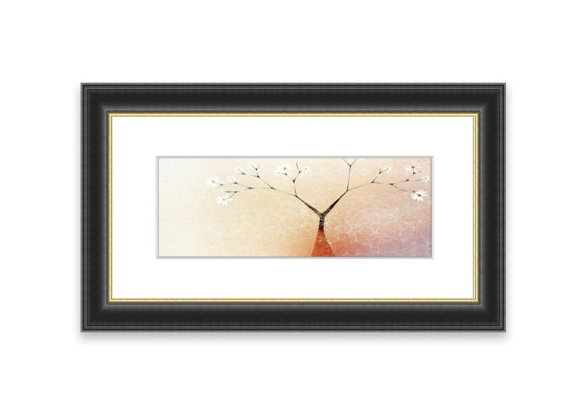 Framed print of an Apple Blossom Tree, showcasing delicate pink flowers and lush green leaves, available in various frame colors.