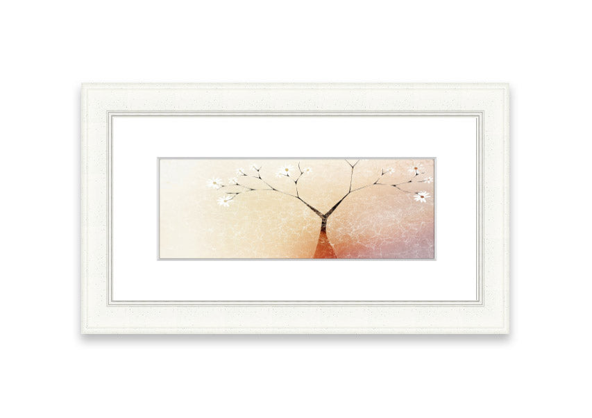 Framed print of an Apple Blossom Tree, showcasing delicate pink flowers and lush green leaves, available in various frame colors.