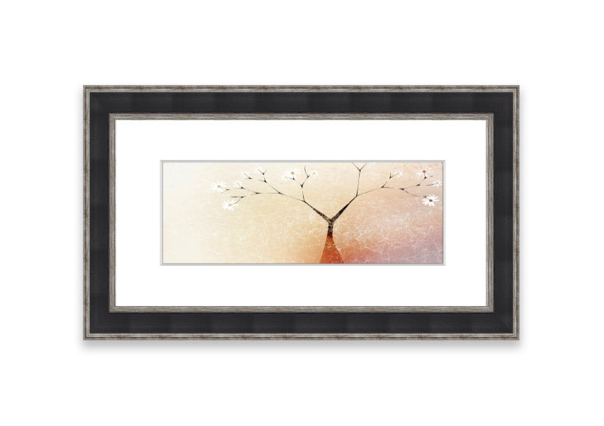 Framed print of an Apple Blossom Tree, showcasing delicate pink flowers and lush green leaves, available in various frame colors.