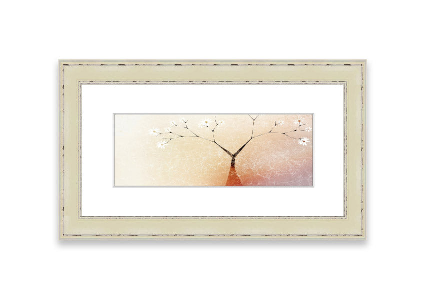 Framed print of an Apple Blossom Tree, showcasing delicate pink flowers and lush green leaves, available in various frame colors.