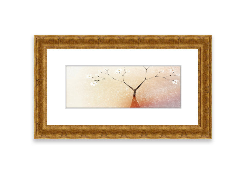 Framed print of an Apple Blossom Tree, showcasing delicate pink flowers and lush green leaves, available in various frame colors.