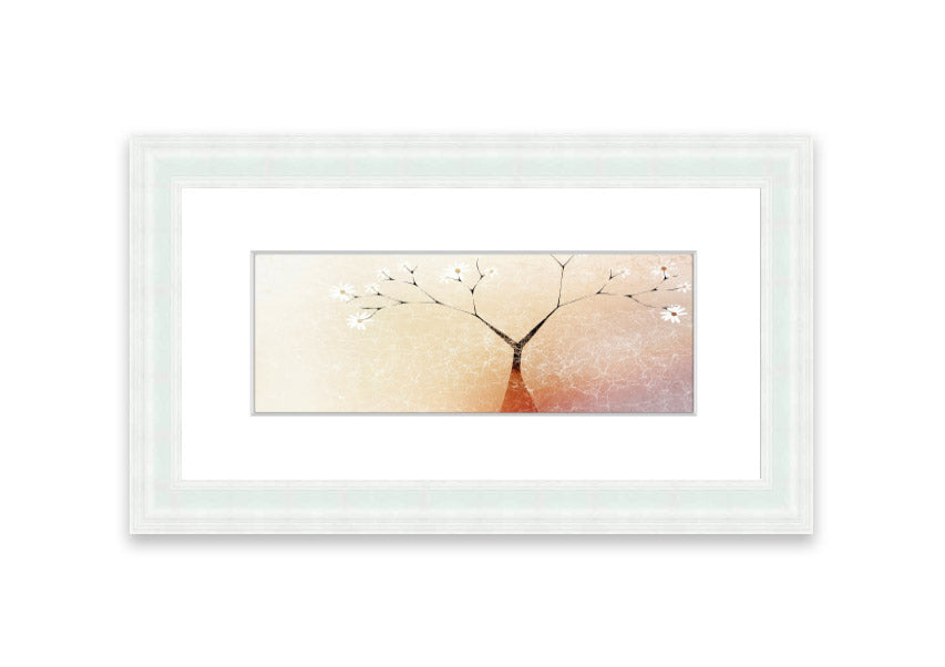 Framed print of an Apple Blossom Tree, showcasing delicate pink flowers and lush green leaves, available in various frame colors.