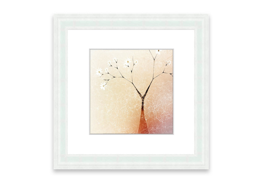 Framed print of an Apple Blossom Tree, showcasing delicate pink flowers and lush green leaves, available in various frame colors.