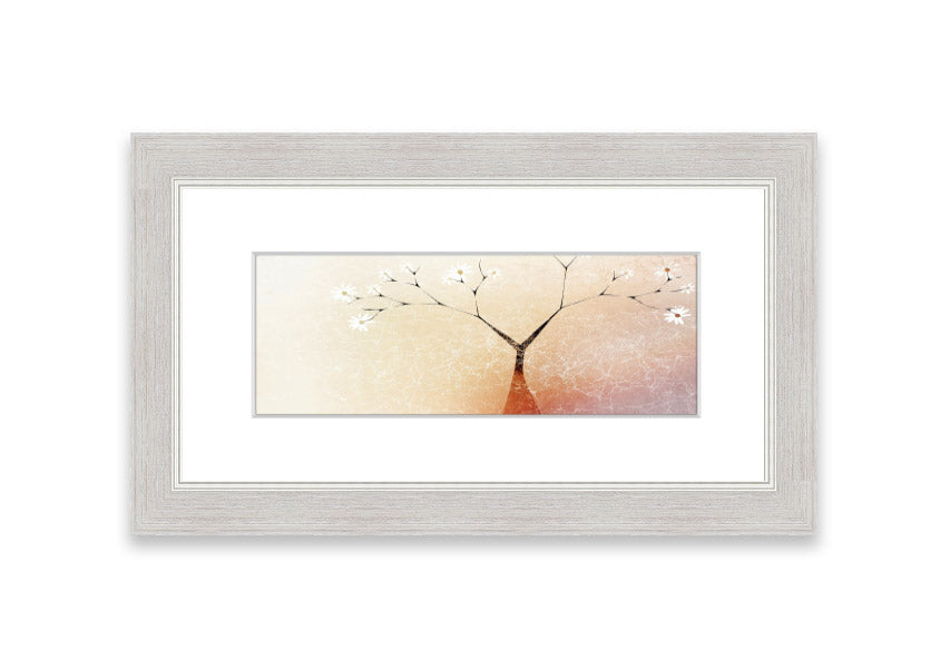 Framed print of an Apple Blossom Tree, showcasing delicate pink flowers and lush green leaves, available in various frame colors.