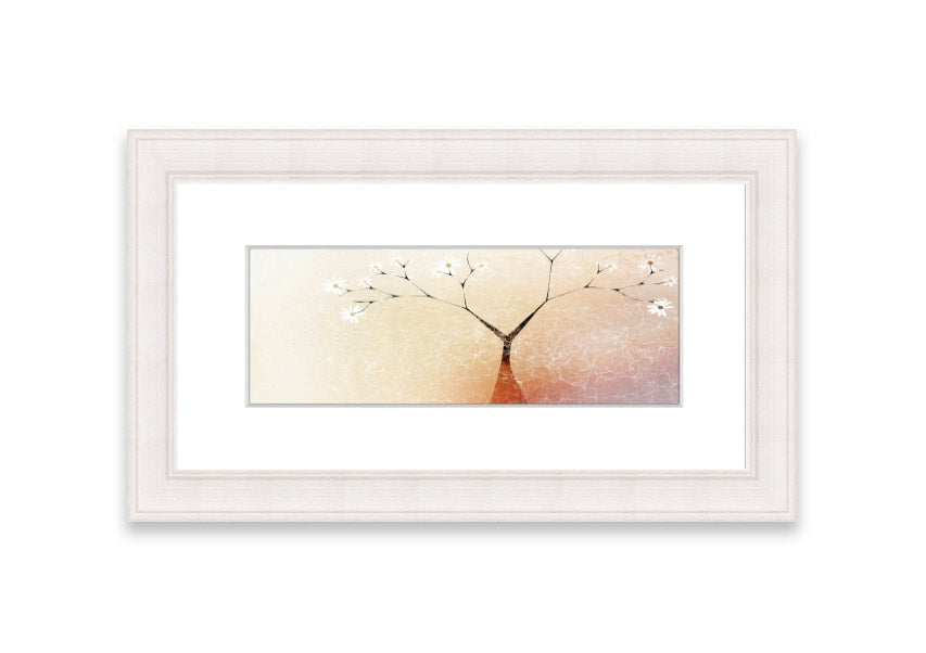 Framed print of an Apple Blossom Tree, showcasing delicate pink flowers and lush green leaves, available in various frame colors.