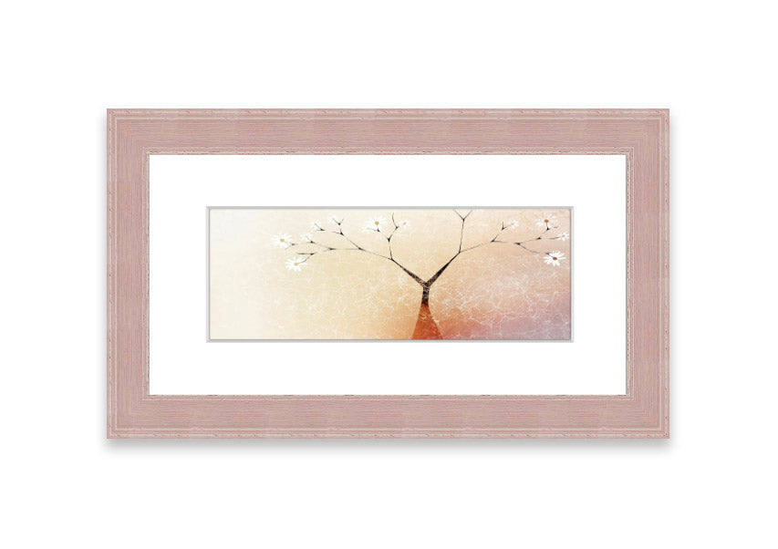 Framed print of an Apple Blossom Tree, showcasing delicate pink flowers and lush green leaves, available in various frame colors.