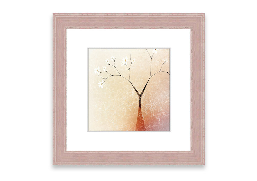 Framed print of an Apple Blossom Tree, showcasing delicate pink flowers and lush green leaves, available in various frame colors.