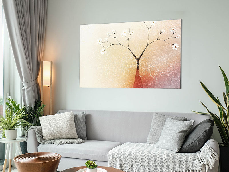 A beautiful Apple Blossom Tree artwork printed on brushed aluminium dibond, showcasing vibrant colors and intricate details.