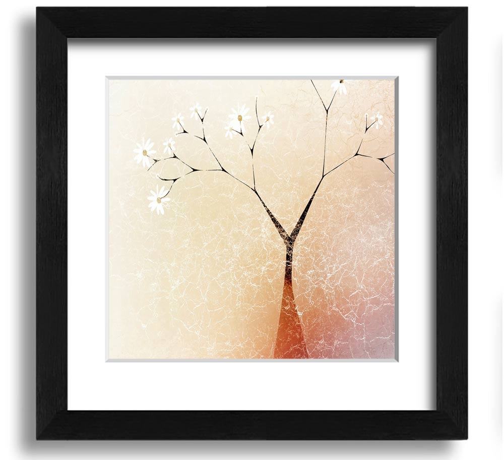 A beautifully framed print of an apple blossom tree, showcasing delicate flowers and vibrant colors, ready to hang.