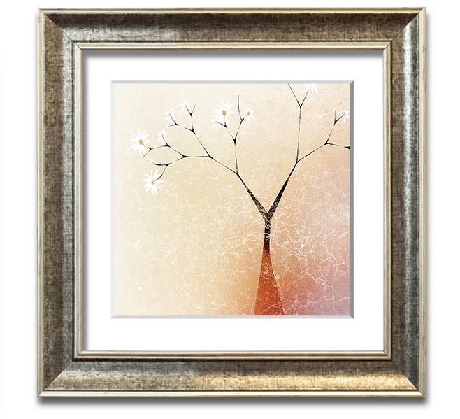 A beautifully framed print of an apple blossom tree, showcasing delicate flowers and vibrant colors, ready to hang.