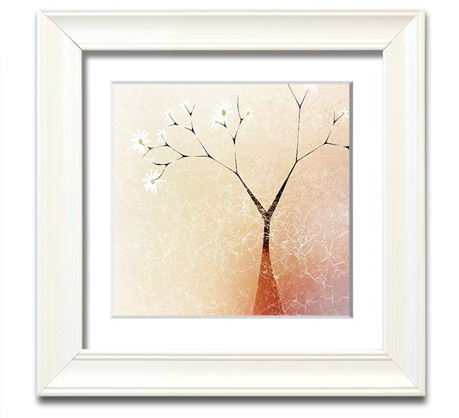 A beautifully framed print of an apple blossom tree, showcasing delicate flowers and vibrant colors, ready to hang.