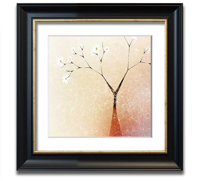 A beautifully framed print of an apple blossom tree, showcasing delicate flowers and vibrant colors, ready to hang.