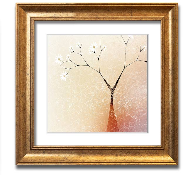 A beautifully framed print of an apple blossom tree, showcasing delicate flowers and vibrant colors, ready to hang.