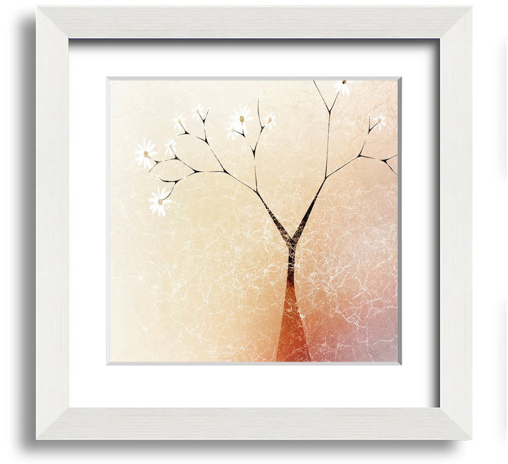 A beautifully framed print of an apple blossom tree, showcasing delicate flowers and vibrant colors, ready to hang.