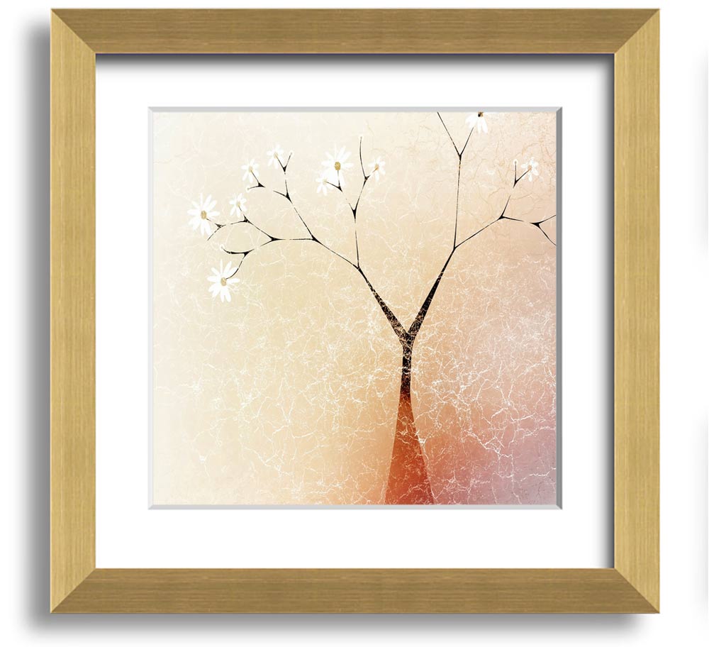 A beautifully framed print of an apple blossom tree, showcasing delicate flowers and vibrant colors, ready to hang.