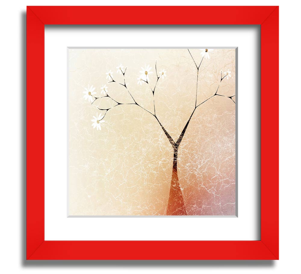 A beautifully framed print of an apple blossom tree, showcasing delicate flowers and vibrant colors, ready to hang.