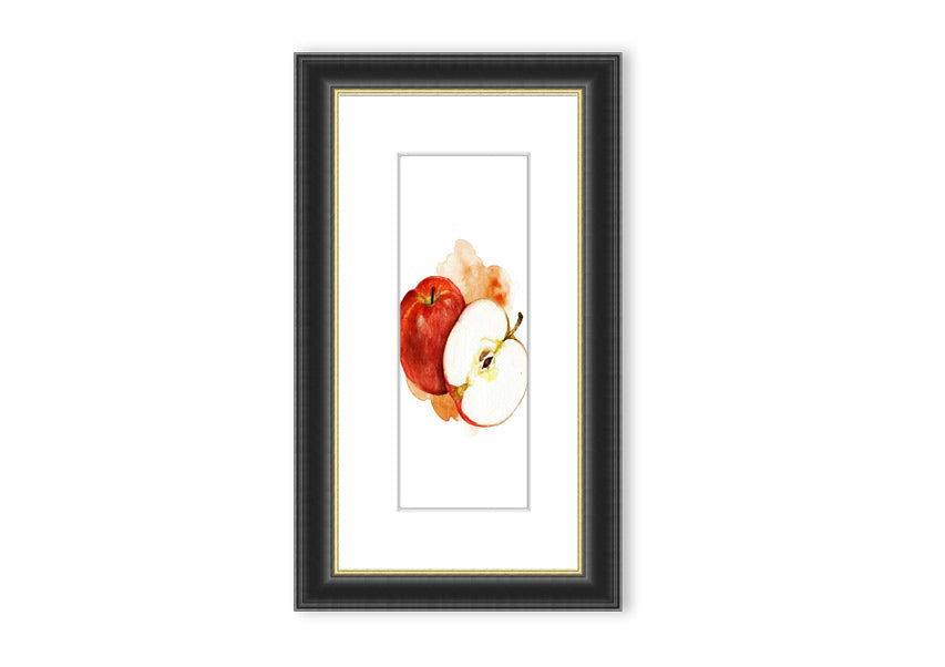 A beautifully framed print of an apple, showcasing vibrant colors and intricate details, ready to hang.