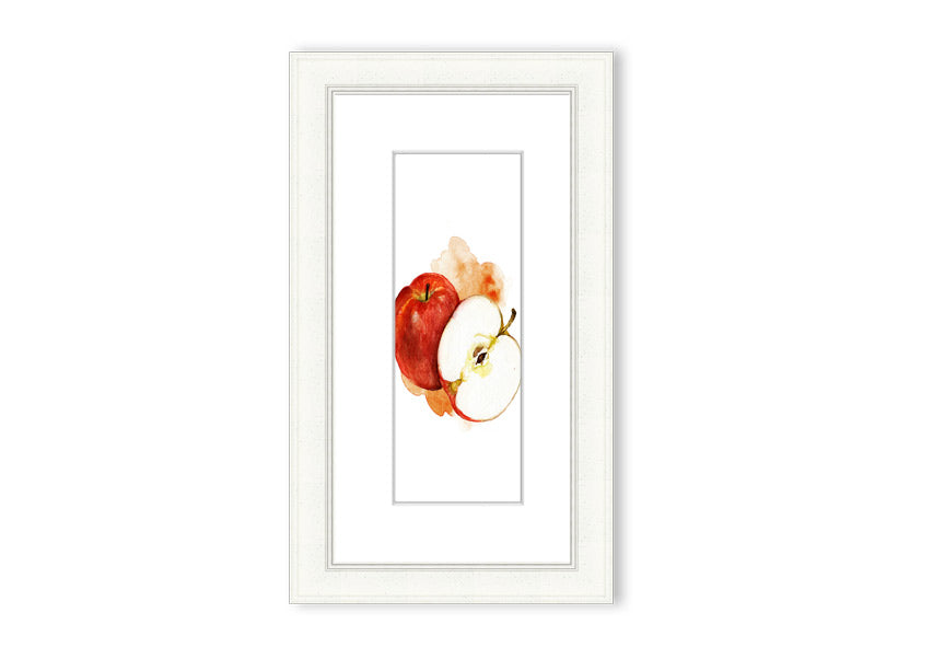 A beautifully framed print of an apple, showcasing vibrant colors and intricate details, ready to hang.