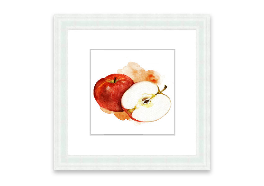 A beautifully framed print of an apple, showcasing vibrant colors and intricate details, ready to hang.